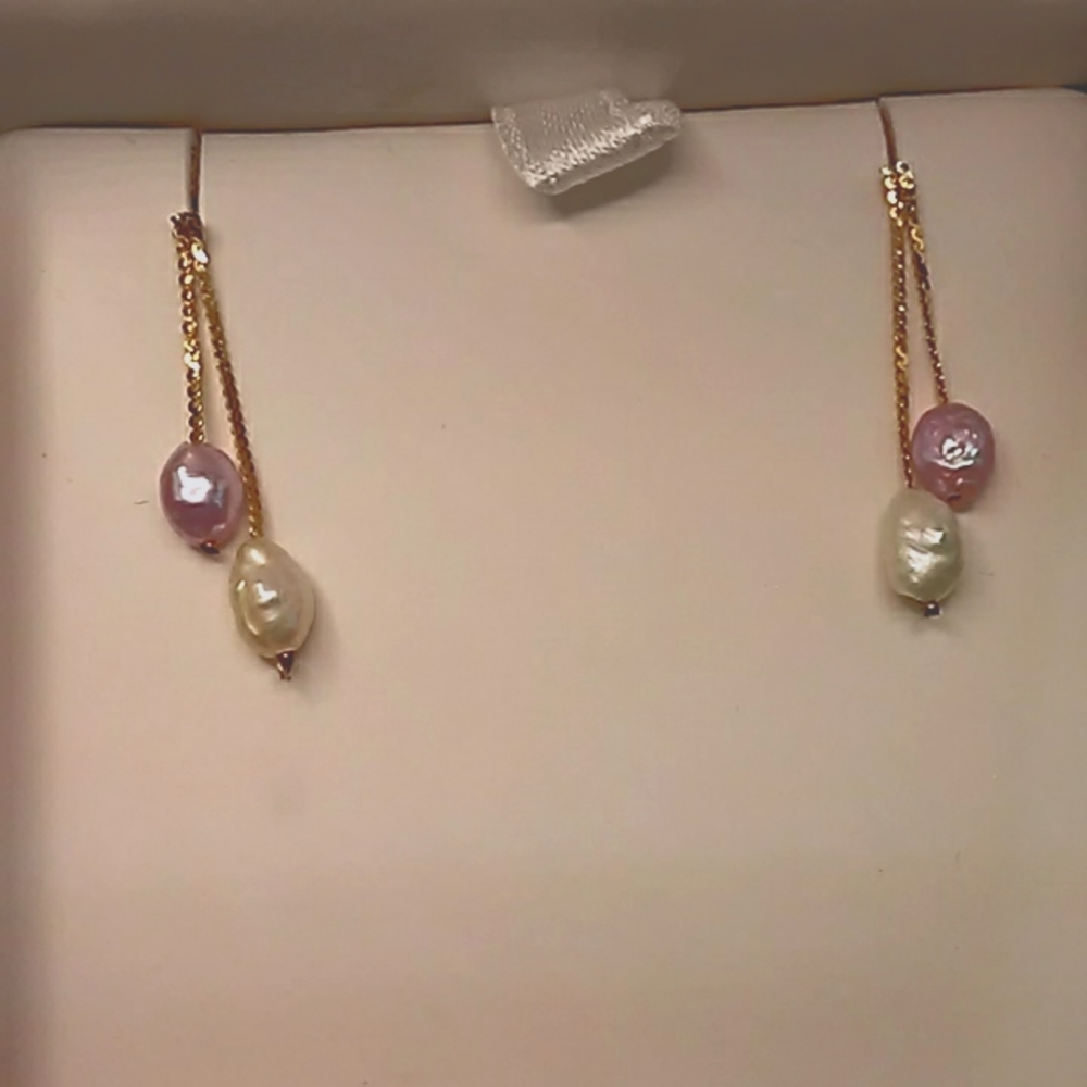 14K Gold Genuine Multicolor Pearl Dangling Earrings